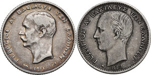 obverse: Greece.  George I (1863-1913).. AR Drachme 1873 A and 1911