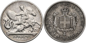 reverse: Greece.  George I (1863-1913).. AR Drachme 1873 A and 1911