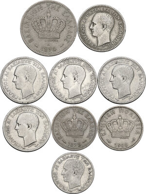 obverse: Greece.  George I (1863-1913).. Lot of nine (9) AR/CU-NI coins: 50 Lepta 1874 A (3), 50 Lepta 1883A (2), 20 Lepta 1883 A and 1894 A, 5 Lepta 1895 A and 1900 A