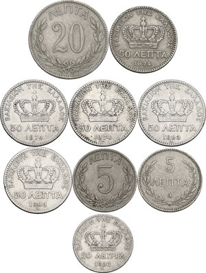 reverse: Greece.  George I (1863-1913).. Lot of nine (9) AR/CU-NI coins: 50 Lepta 1874 A (3), 50 Lepta 1883A (2), 20 Lepta 1883 A and 1894 A, 5 Lepta 1895 A and 1900 A