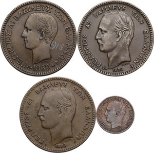 obverse: Greece.  George I (1863-1913).. Lot of four (4) AE coins: 10 Lepta and Lepton 1869 BB, 10 Lepta 1878 K, 10 Lepta 1882 A