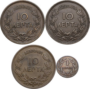 reverse: Greece.  George I (1863-1913).. Lot of four (4) AE coins: 10 Lepta and Lepton 1869 BB, 10 Lepta 1878 K, 10 Lepta 1882 A