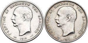 obverse: Greece.  George I (1863-1913).. Lot of two (2) AR Drachmai 1910 and 1911