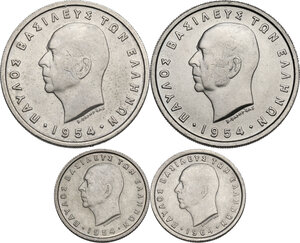 obverse: Greece.  Paul I (1947-1964).. Lot of four (4) CU-NI coins: 5 Drachmai 1954 (2), 50 Lepta 1954 and 1964