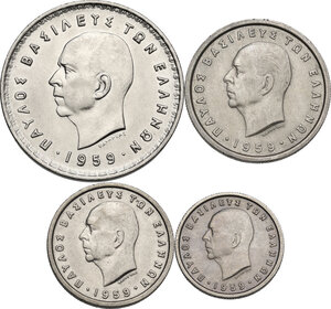 obverse: Greece.  Paul I (1947-1964).. Lot of four (4) CU/NI coins 10, 2, 1 Drachmai and 50 Lepta 1959