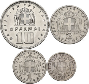 reverse: Greece.  Paul I (1947-1964).. Lot of four (4) CU/NI coins 10, 2, 1 Drachmai and 50 Lepta 1959