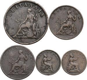 obverse: Greece. Ionian Islands.  British Administration . Lot of five (5) AE coins: Obol, 2 Lepta (2) and Lepton (2) 1819