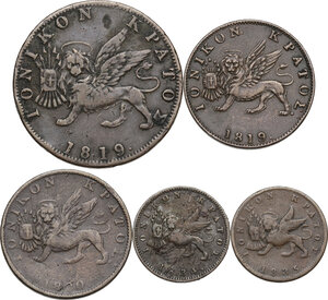 reverse: Greece. Ionian Islands.  British Administration . Lot of five (5) AE coins: Obol, 2 Lepta (2) and Lepton (2) 1819