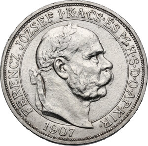 obverse: Hungary.  Franz Joseph (1848-1916). AR 5 Korona 1907 KB, Kremnitz mint
