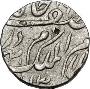 reverse: India.  Princely State, Mir Mahbub ‘Ali Khan (AD 1905-1911). Rupee, Hyderabad, AH 1302/RY 18 (1885)