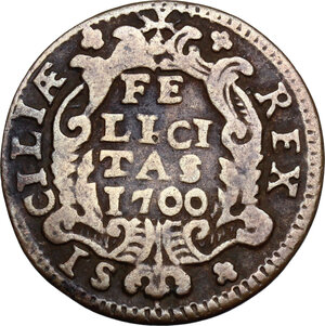 reverse: Italy .  Carlo II  (1676-1700).. AE Grano 1700, Palermo mint