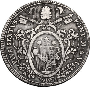 obverse: Italy..  Pius VI (1775-1799), Giovanni Angelo Braschi. AR Scudo, 1780, Rome mint