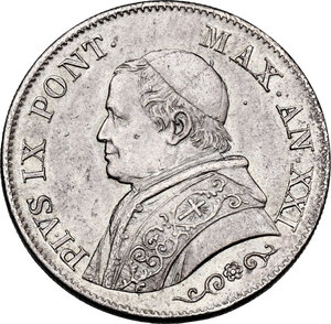 obverse: Italy .  Pio IX  (1846-1878). AR Lira 1866 A. XXI, Rome mint