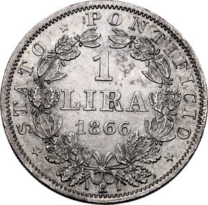reverse: Italy .  Pio IX  (1846-1878). AR Lira 1866 A. XXI, Rome mint