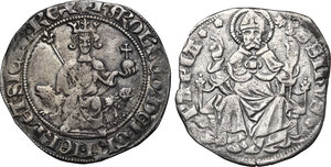 reverse: Italy . Multiple lot of two (2) coins: AR Gigliato of Carlo I d Angiò, Napoli mint and AR Grosso da un Soldo e mezzo of Galeazzo II Visconti, Pavia mint