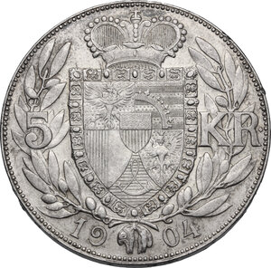 reverse: Liechtenstein.  Johann II (1858-1929). AR 5 Kronen 1904