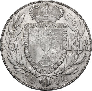 reverse: Liechtenstein.  Johann II (1858-1929). AR 5 Kronen 1904