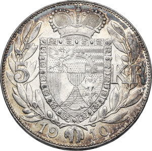 reverse: Liechtenstein.  Johann II (1858-1929). AR 5 Kronen 1910
