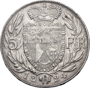 reverse: Liechtenstein.  Johann II (1858-1929). AR 5 Franken 1924