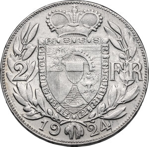 reverse: Liechtenstein.  Johann II (1858-1929). AR 2 Franken 1924