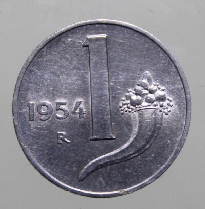 obverse: 1 LIRA 1954 CORNUCOPIA-ITALMA-FDC