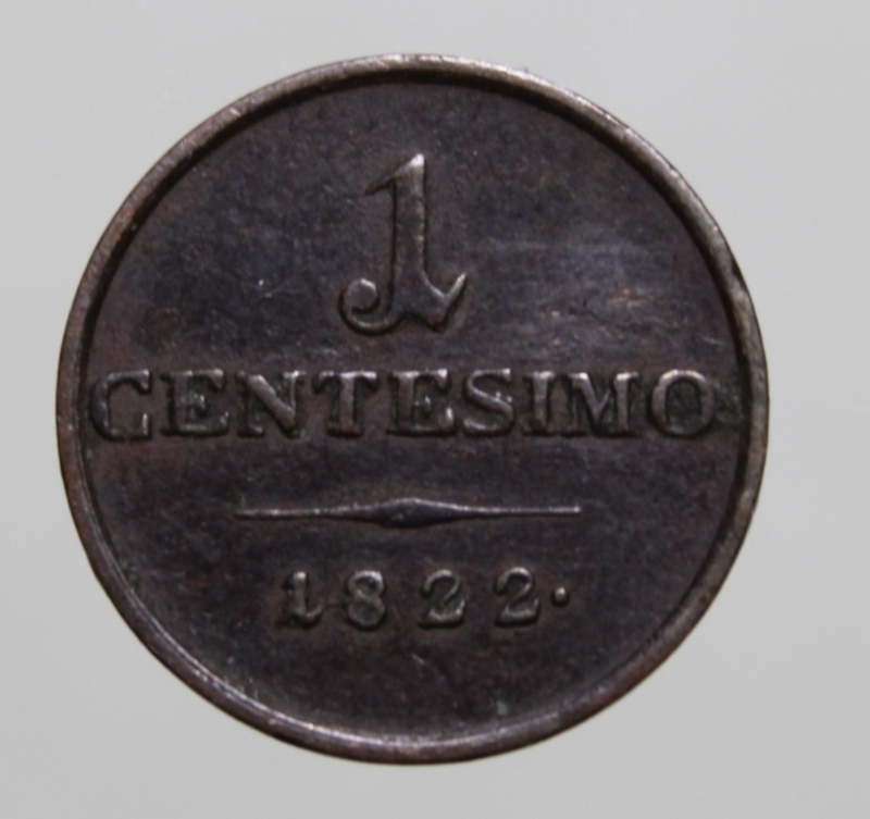 obverse: LOMBARDO VENETO-FRANCESCO GIUSEPPE I-1 CENTESIMO 1822-SENZA PUNTO DOPO CENTESIMO-R