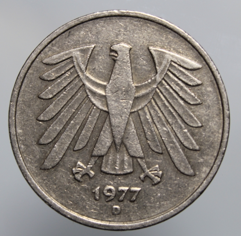 reverse: GERMANIA-5 MARK 1977 D-COPPERNICKEL-BB+