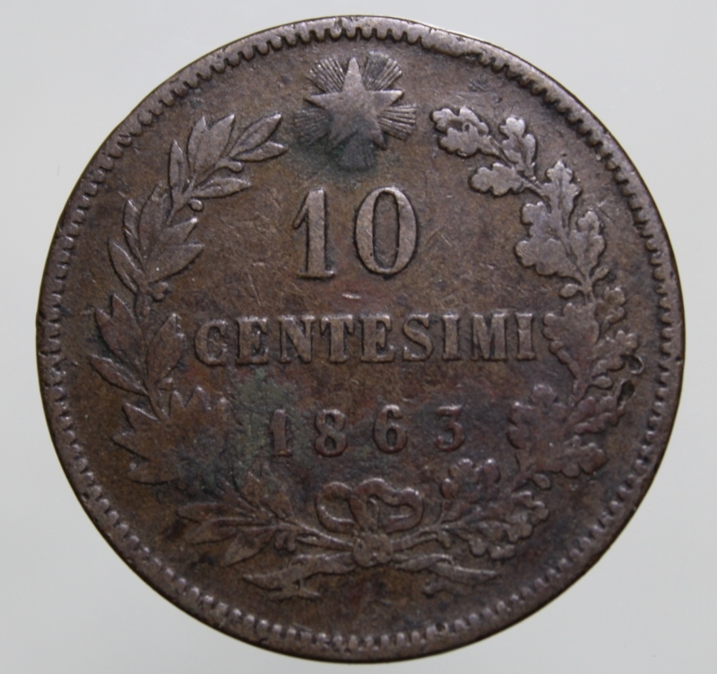 obverse: VITTORIO EMANUELE II-10 CENTESIMI 1863-STRASBURGO-MB