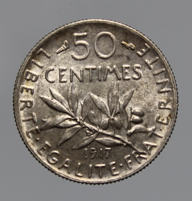 obverse: FRANCIA-50 CENTIMES 1917 SEMEUSE-ARGENTO-QFDC
