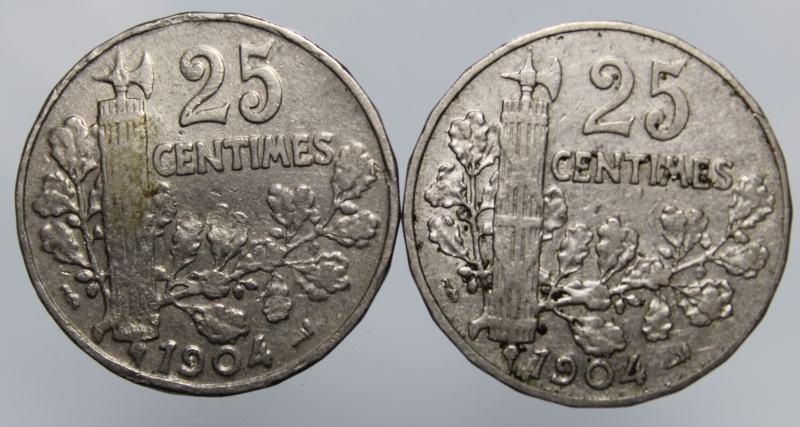 obverse: FRANCIA-2 MONETE DA 25 CENTIMES 1904-COPPERNICKEL-QBB\BB