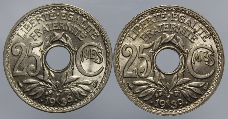 obverse: FRANCIA-2 MONETE DA 25 CENTIMES 1939-COPPERNICKEL-FDC