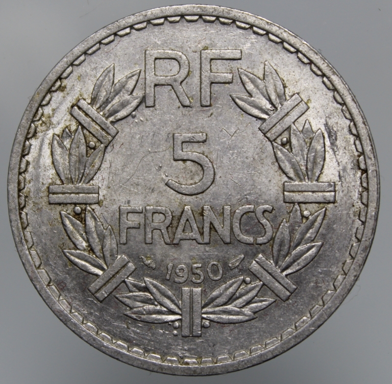 obverse: FRANCIA-5 FRANCS 1950 LAVRILLIER-AL-SPL