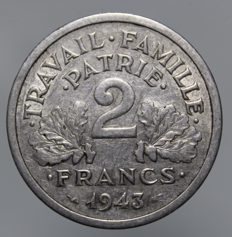 obverse: FRANCIA-2 FRANCS 1943 B FRANCISQUE-AL-BB