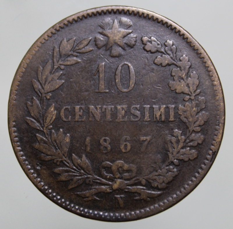 obverse: VITTORIO EMANUELE II-10 CENTESIMI 1867-NAPOLI-NC-MB