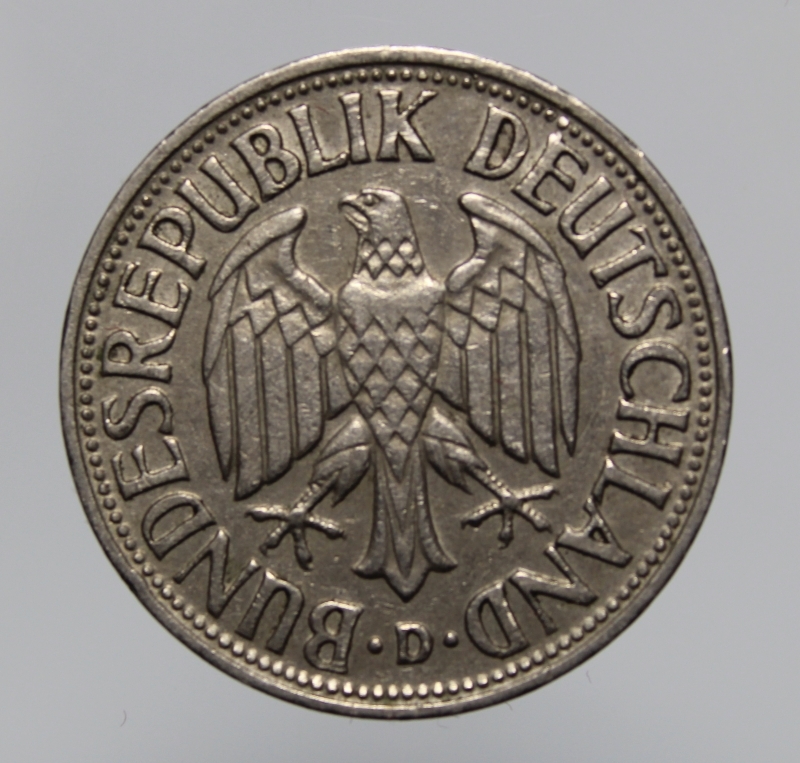 reverse: GERMANIA-FEDERAL REPUBLIC-1 MARK 1950 D-COPPERNICKEL-BB