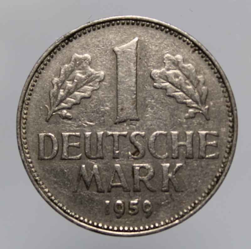 obverse: GERMANIA-FEDERAL REPUBLIC-1 MARK 1959 G-COPPERNICKEL-BB