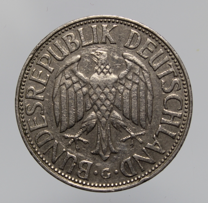 reverse: GERMANIA-FEDERAL REPUBLIC-1 MARK 1959 G-COPPERNICKEL-BB