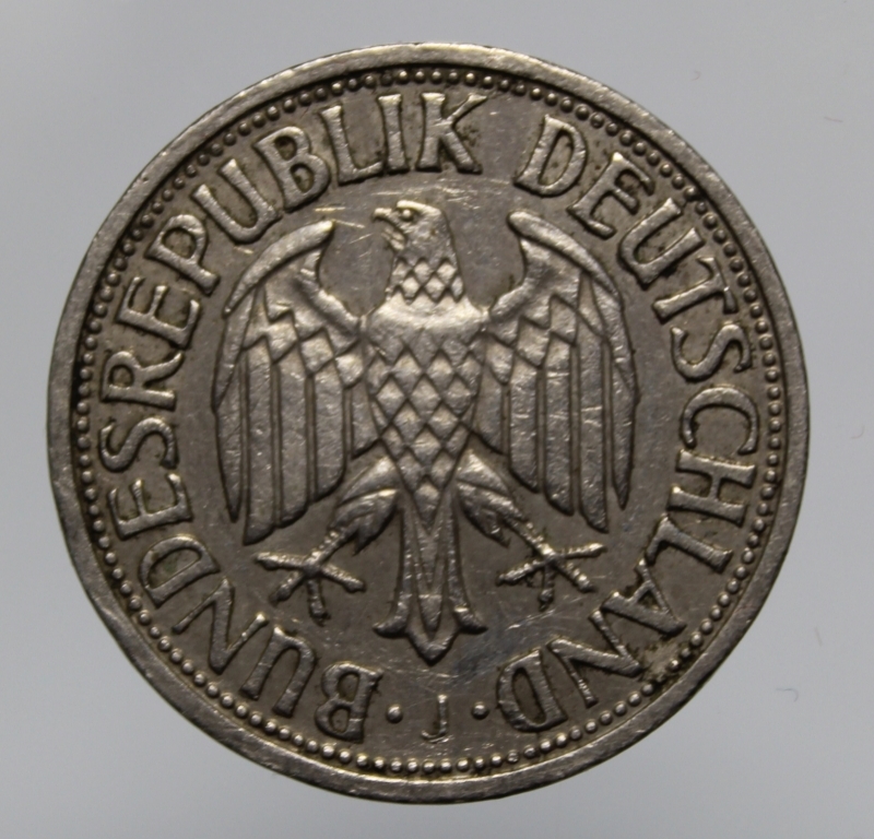 reverse: GERMANIA-FEDERAL REPUBLIC-1 MARK 1962 J-COPPERNICKEL-BB