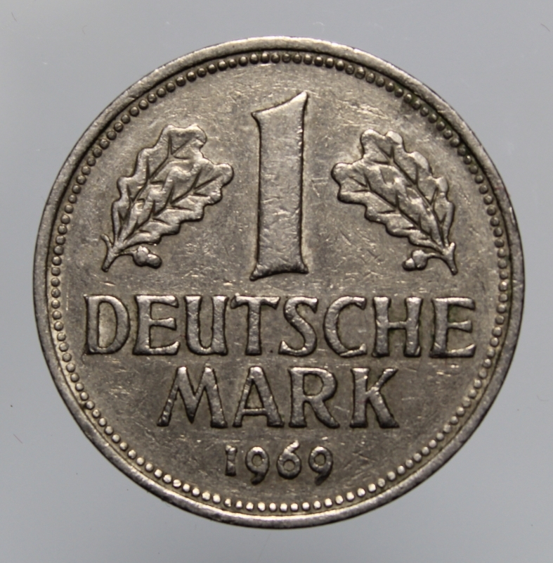 obverse: GERMANIA-FEDERAL REPUBLIC-1 MARK 1969 D-COPPERNICKEL-BB