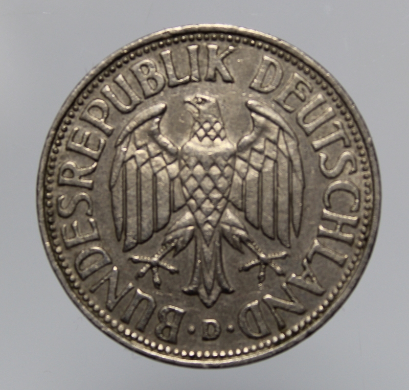 reverse: GERMANIA-FEDERAL REPUBLIC-1 MARK 1969 D-COPPERNICKEL-BB