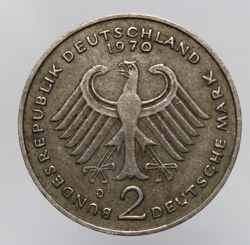 obverse: GERMANIA-FEDERAL REPUBLIC-2 MARK 1970 D-COPPERNICKEL-BB