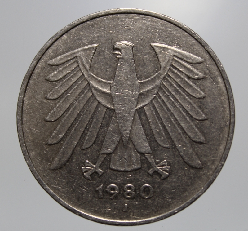 reverse: GERMANIA-FEDERAL REPUBLIC-5 MARK 1980 J-COPPERNICKEL-BB-YUGOSLAVIA-2 DINARA 1938-BA-QSPL