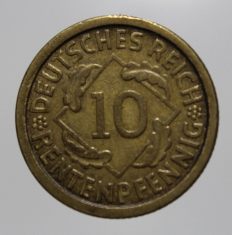 obverse: GERMANIA-WEIMAR REPUBLIC-10 RENTENPFENNIG 1924 J-BA-SPL