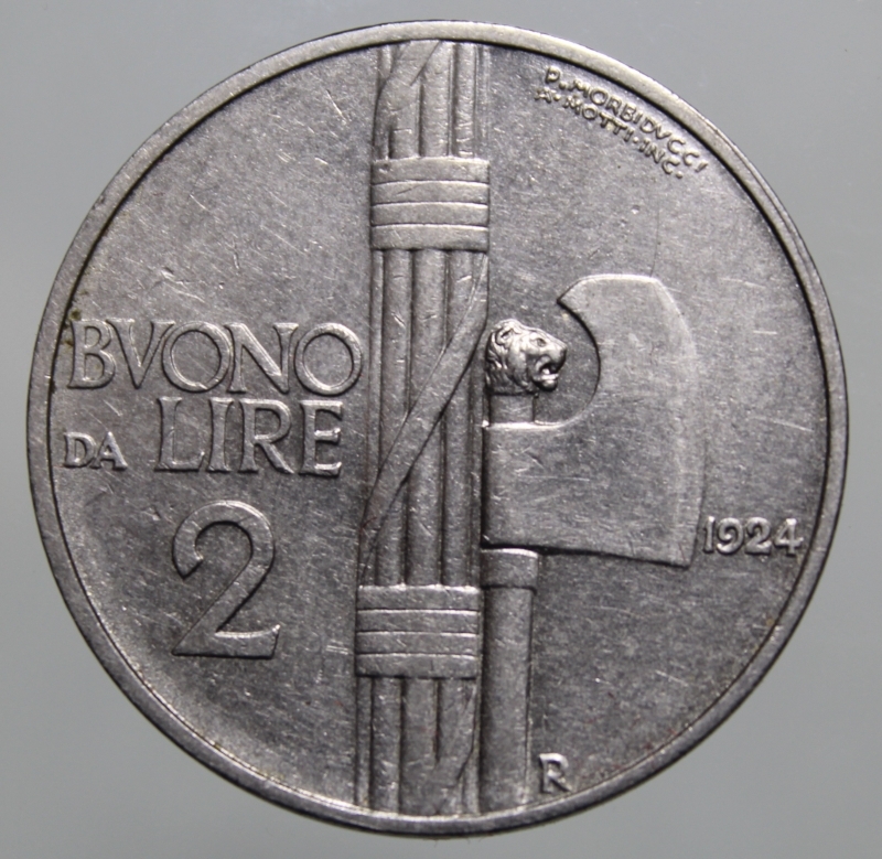 obverse: VITTORIO EMANUELE III-BUONO DA 2 LIRE 1924-NI-SPL+
