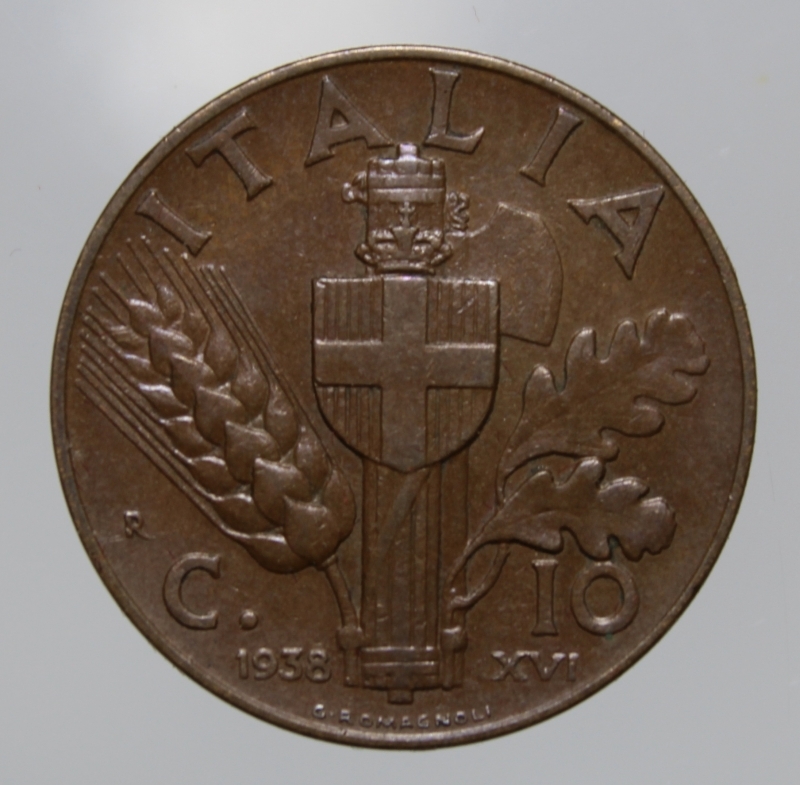 obverse: REGNO D ITALIA-VITTORIO EMANUELE III-10 CENTESIMI 1938 IMPERO-CU-FDC