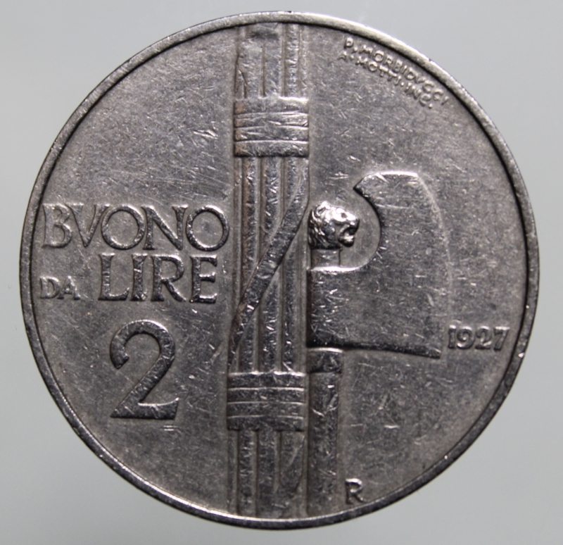 obverse: VITTORIO EMANUELE III-BUONO DA LIRE 2 1927-NI-BB-RR