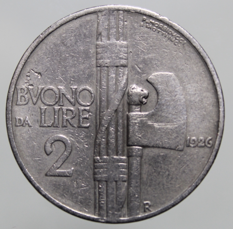 obverse: VITTORIO EMANUELE III-BUONO DA LIRE 2 1926-NI-BB-R