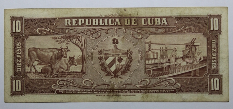 reverse: CUBA-10 PESOS 1958-COME DA FOTO