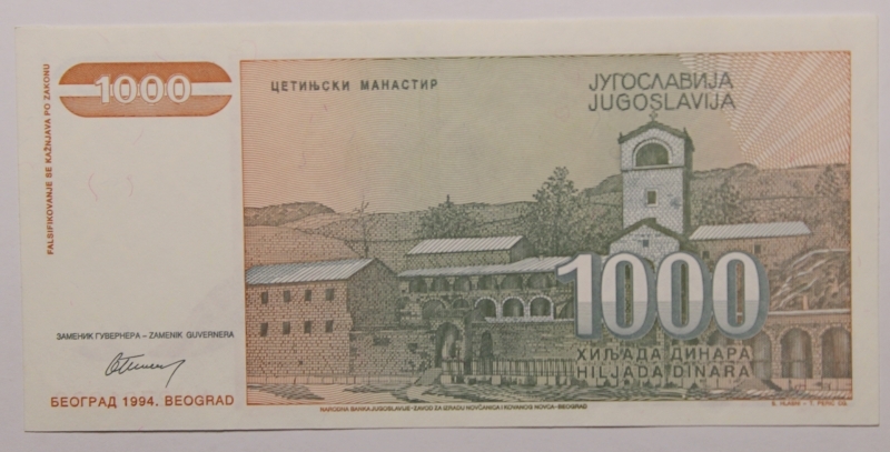 reverse: JUGOSLAVIA-1000 DINARA 1994-SERIE AA-COME DA FOTO