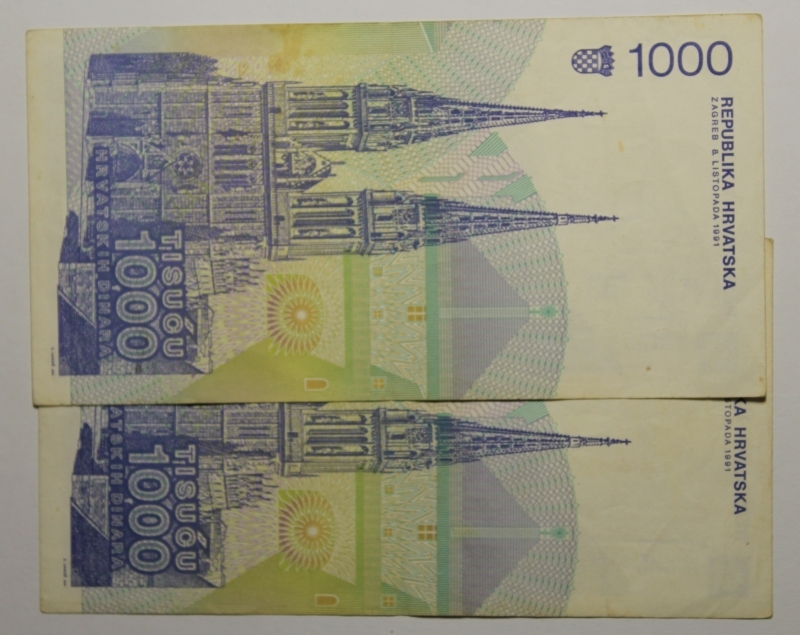 reverse: CROAZIA- 2 BANCONOTE DA 1.000 DINARA 1991-COME DA FOTO